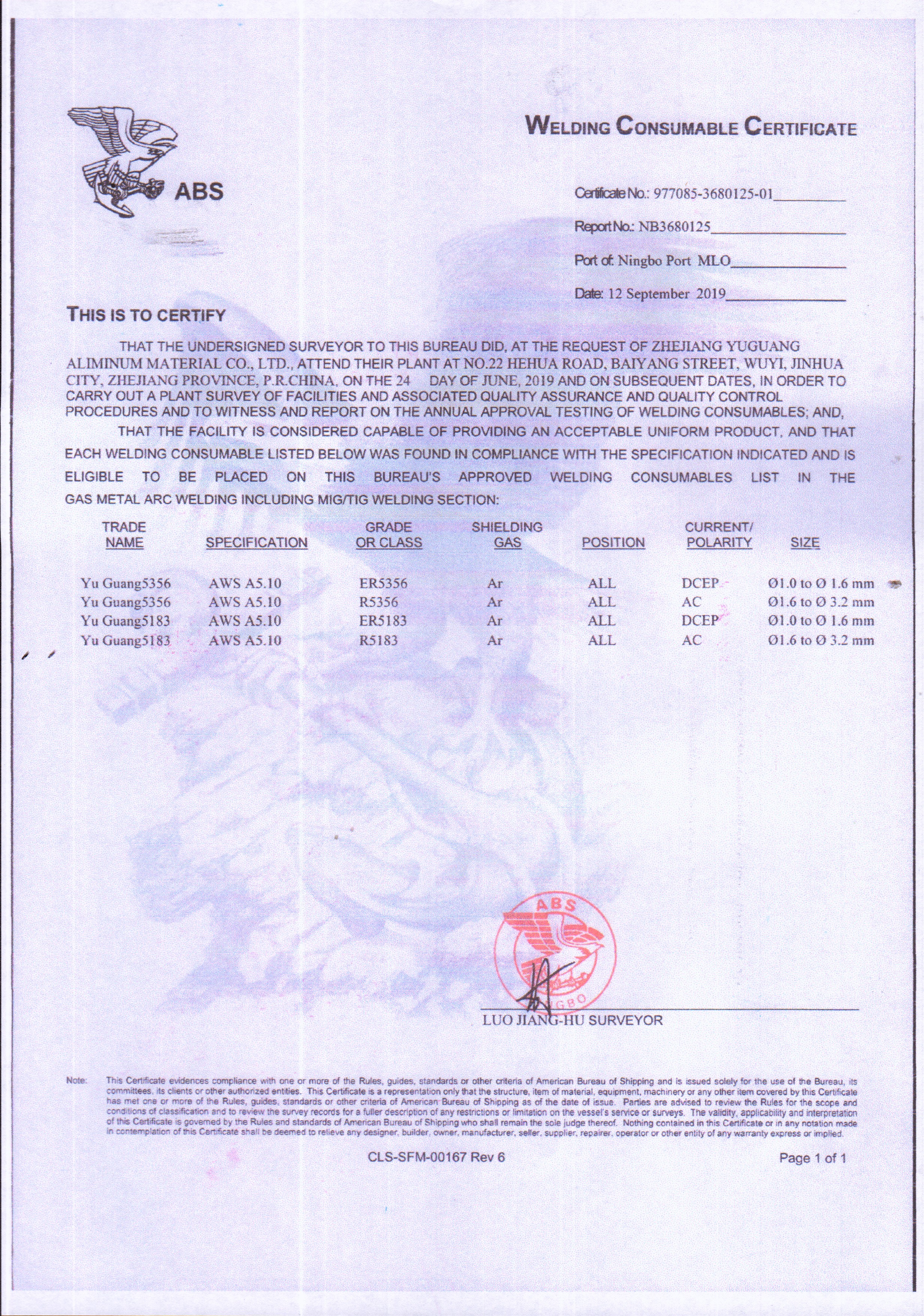 ER5183，5356美國船級社（ABS）證書